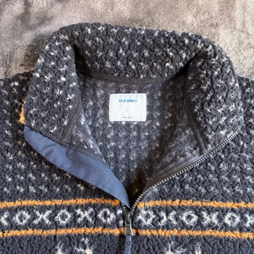 Old Navy Mens Polyester Fleece Quarter Zip Pullover Fair Isle Reindeer L Gray